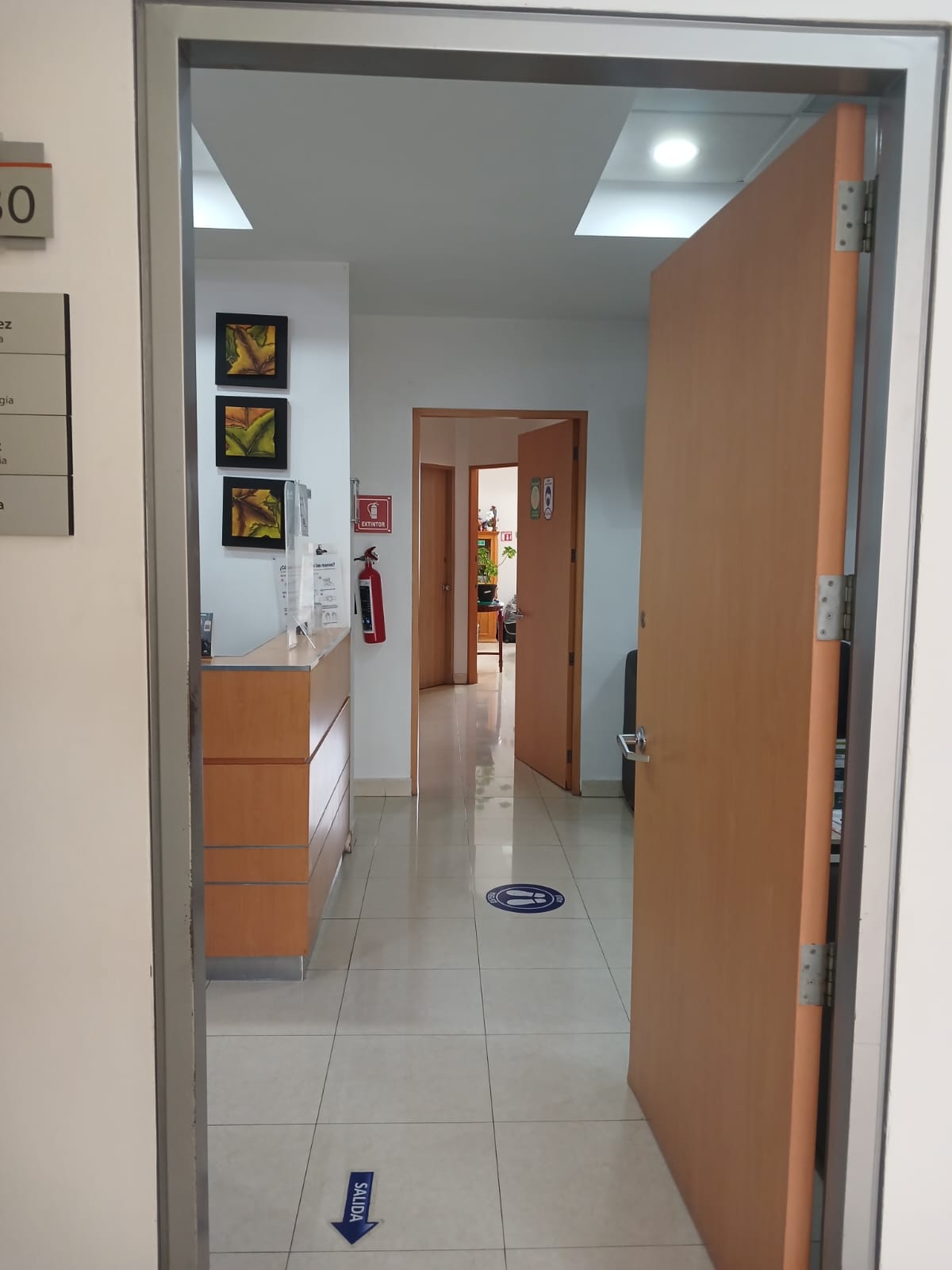 Puerta de acceso y pasillo luminoso hacia el consultorio, con cuadros decorativos en la pared